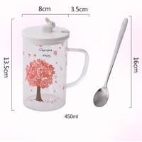 milk coffee mug cherry blossom pattern heat resistant glass water cup cute straw mug home office flower tea cup with lid spoon