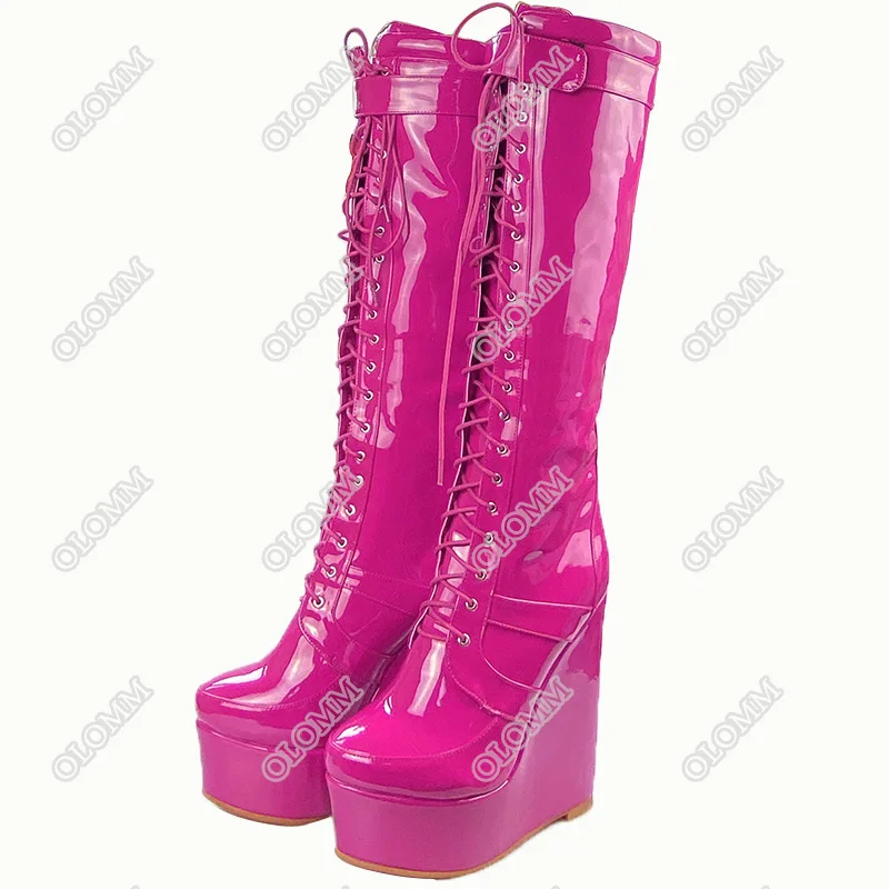 Murah Olomm Buatan Tangan Cincin Lutut Tinggi Sepatu Boot Wedges Sepatu Hak Tinggi Ujung Bulat Merah Cantik Club Memakai Sepatu Wanita Plus Ukuran US 5-20