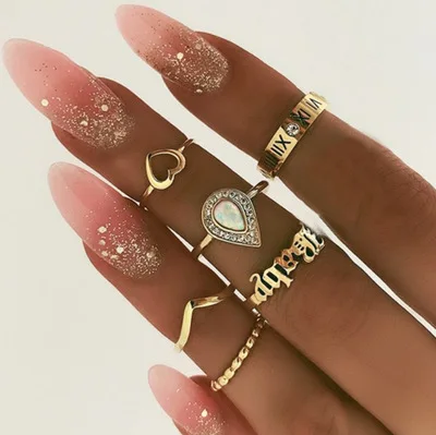 

6Pcs/Set Originality Letter Dating Rings For Women's Ring 2021 Trend Diamond Inlay Accessory Europe And America Holiday Gifts