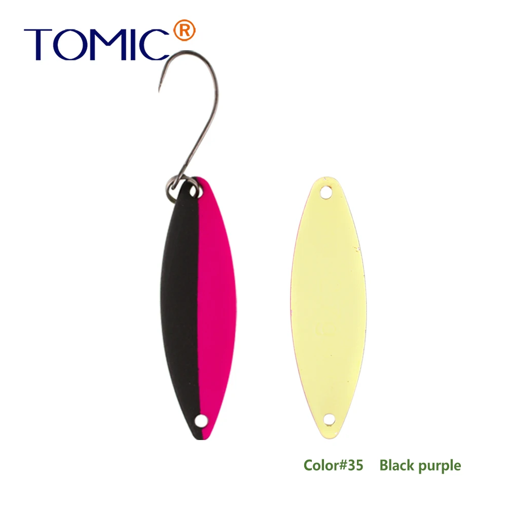 Tomic 1 шт. 1,6 г 2,7 г 3,5 г микро узкие латунные металлические ложки УФ сверкающие цвета окунь форель области один крючок рыболовные приманки Pesca - Цвет: black purple