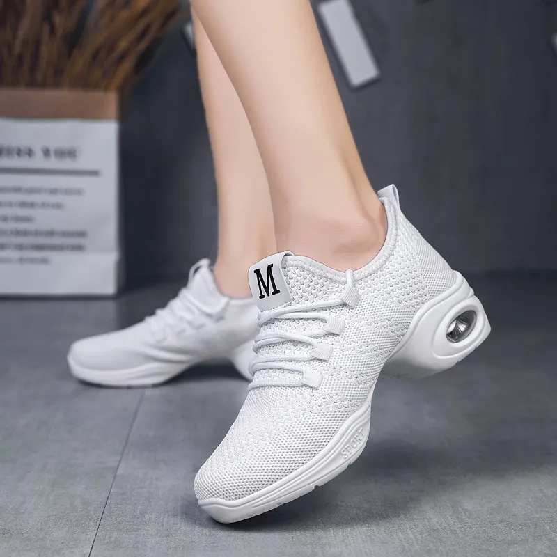 Female Flying Woven Dance Shoes Ladies Casual Sneakers Breathable Mesh Light Walking Soft Sole Hollow Sneakers 2022 New Modern