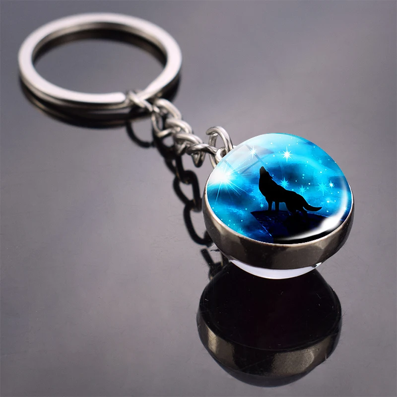 Glow in Dark Jewelry Howling Wolf Keychain Wolf Luminous Glass Cabochon Pendant Keyring Double Side Glass Ball Keychain