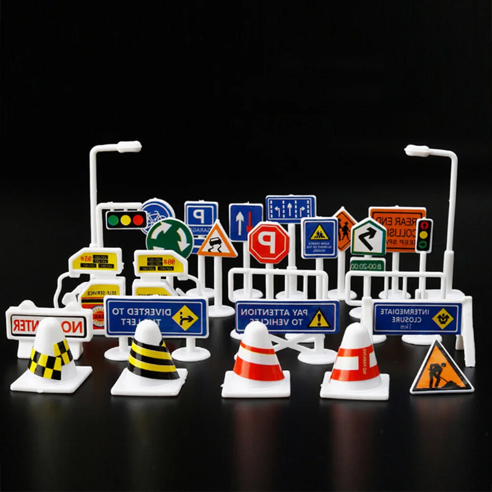 

28 PCS Traffic Signage Model Engineering Road Signs Toy Children Creators Cities Kit Toy Accessories Traffic Signs Indicator