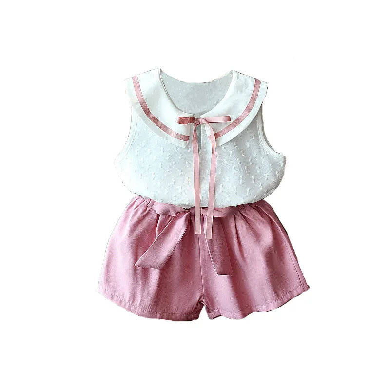 

Girls Suit Summer New Fashion Polyester Turn-down Collar Sleeveless Vest Top Shorts Two-piece Set Toddler Girl Summer Clothes