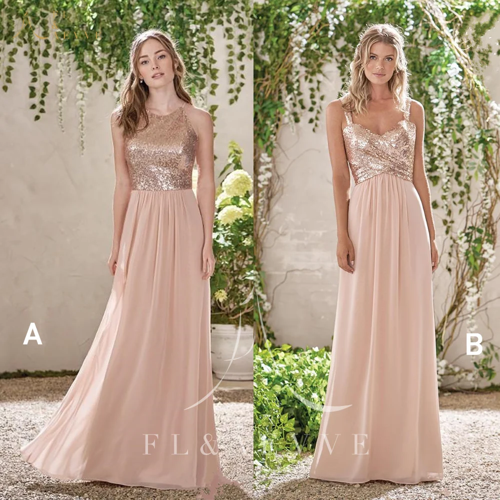 

Shining Gold Sequin Backless Bridesmaid Dresses Spaghetti Straps Wedding Party Gowns A-Line Girl Dress Plus Size Prom Gowns