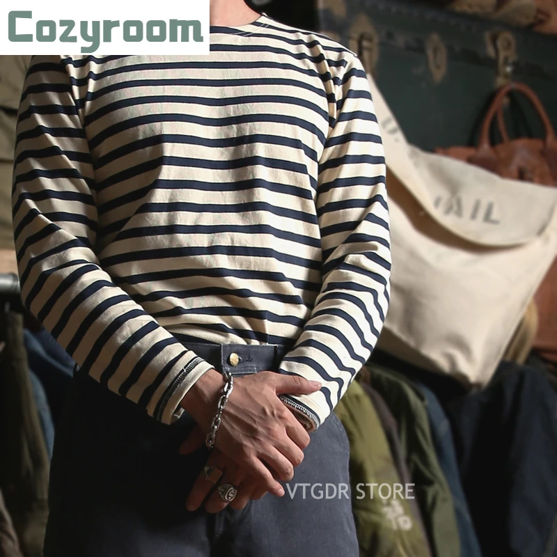 

Cozyroom Breton Stripe Shirts Long Sleeve Vintage Men French Sailor Naval T-Shirt