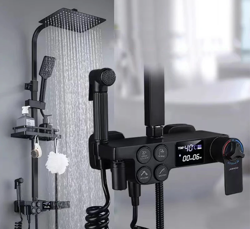 

Черный латунный термостатический смеситель для душа с цифровым дисплеем, смеситель для ванной комнаты, набор для Дождевого душа, смеситель ...