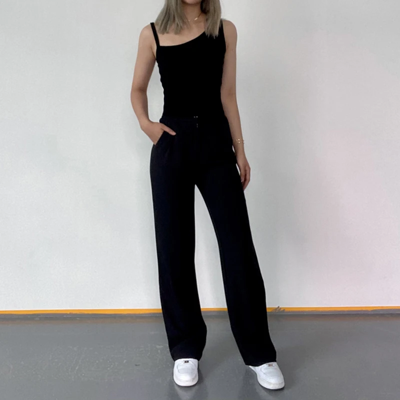 

Women Office Lady Long Trousers 2021 New Korean Spring Autumn Solid Loose High Waist Elegant Pant Vestodo Casual Straight Pants