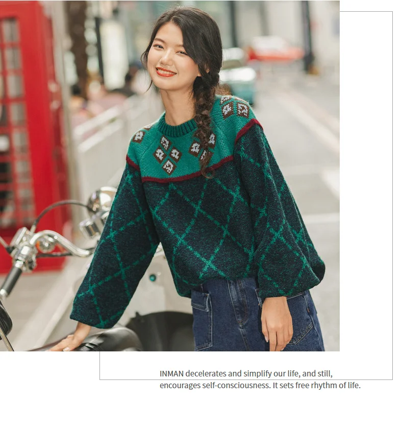 INMAN Winter New Arrival Literary O-neck Jacquard Contrast Color Thick Loose Women Pullover