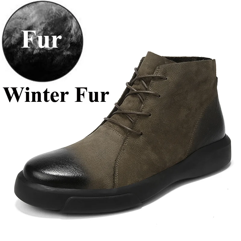 Khaki Fur Мужские ботинки на меху; коллекция года; повседневная кожаная обувь; мужские теплые зимние ботинки; мужские резиновые ботильоны; botas hombre; большие размеры 47 - Цвет: Khaki Fur