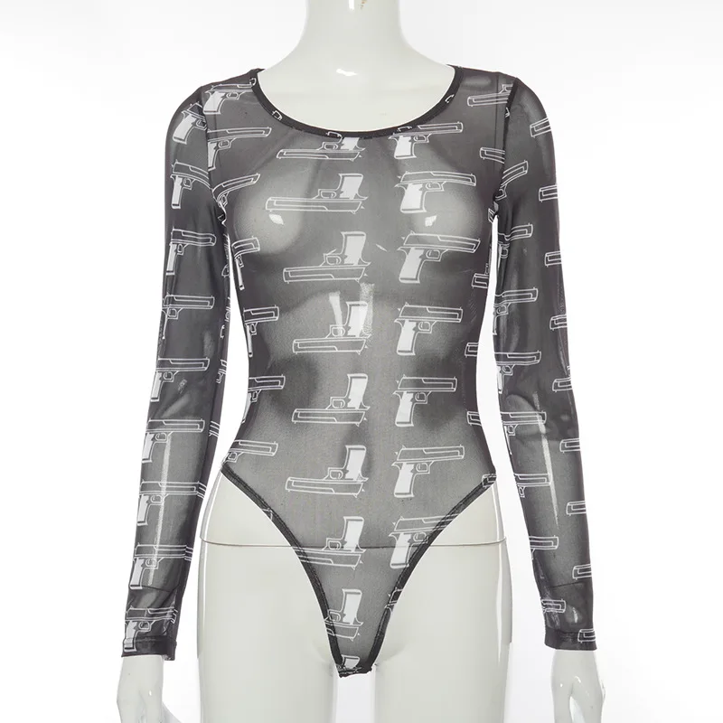

Fashion Printing Mesh See-Through Long Sleeve One Piece Outfits Clubwear Bodysuits Women Clothes 2021 Spring Round Neck