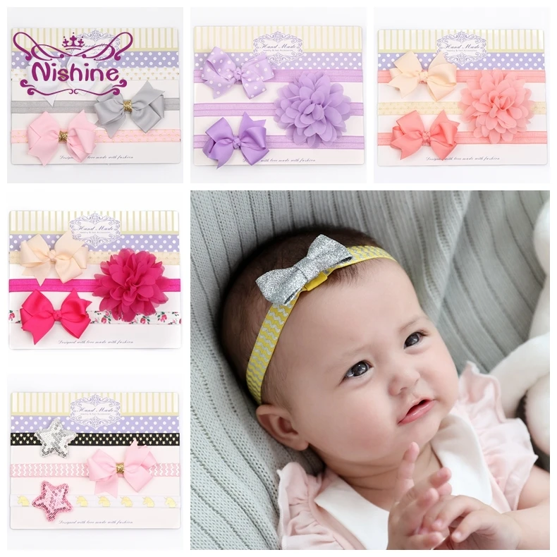 

Nishine 3pcs/lot Flower Infant Hair Band Ribbon Bows Stars Newborn Hairband Dot Bowknot Baby Headdress Kid Hair Accessorise Set