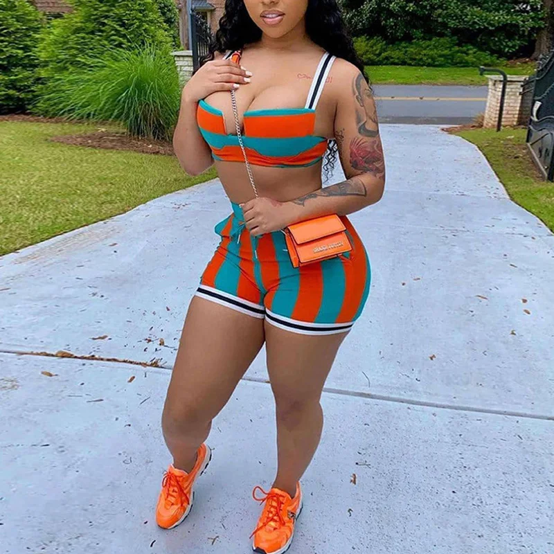 

ANGELS Matching Set Sportswear Casual Neck Sling Top+Shorts Striped BacklessTwo Piece Sets Women Athleisure Outfits AG31890