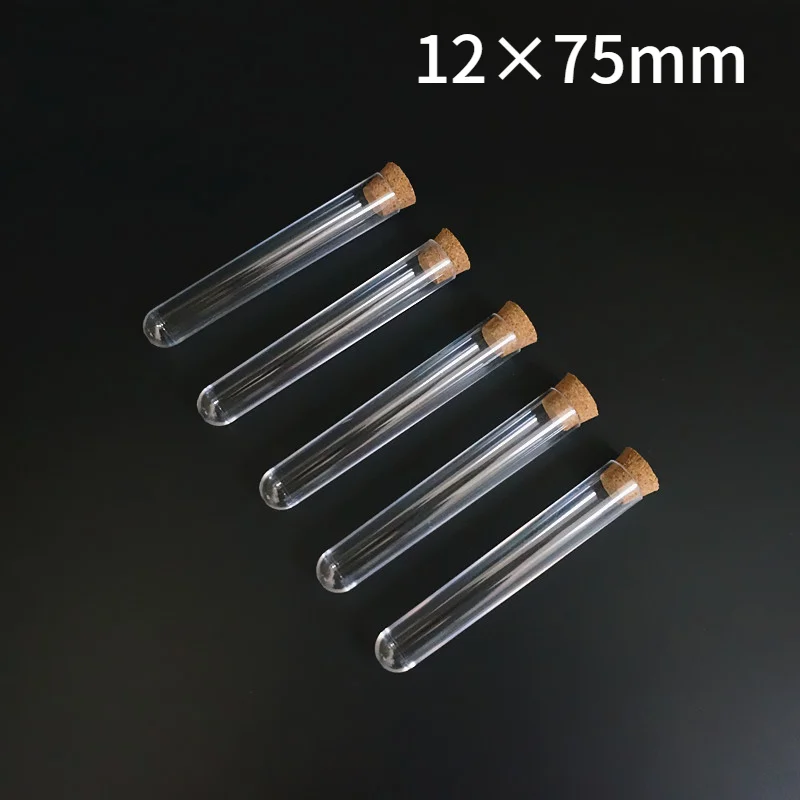 

200pcs/lot 12x75mm Lab Test Tube With Cork Stoppers Transparent Plastic Test Tube 5ml Laboratory School Educational Supplies