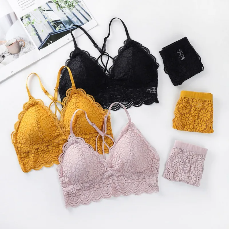 

Women Triangle Cup Lace Gathered Camisole Bottoming Solid Color Wireless Hollow out Sexy Beauty back Jacquard Bra Set