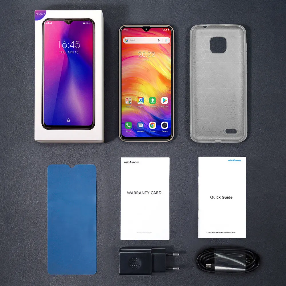 Ulefone Note 7, смартфон, экран в виде капли воды, 6,1 дюймов, 19:9, четырехъядерный процессор, 16 Гб ПЗУ, 3500 мАч, Face ID, три тыловые камеры, Android 9,0