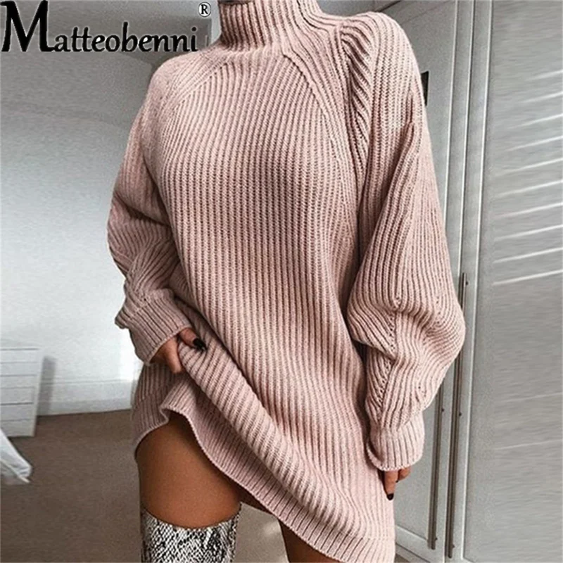 Turtleneck Women's Knitting Sweater Long Sleeve Sweater Dress Winter Casual Fashion Ladies Long Sweater Pullover Female Vestidos