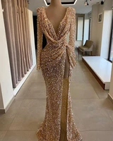 sparkly sequined prom dresses 2021 long sleeve sexy high slit v neck mermaid rose gold dubai women formal evening gowns