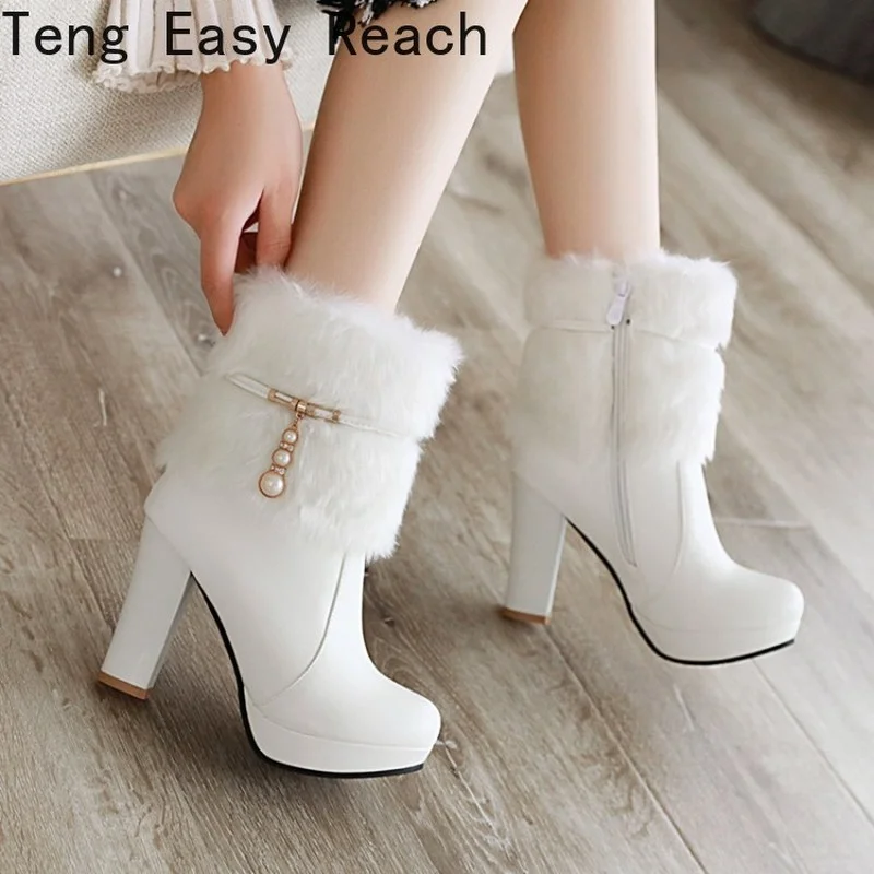 

Women's Boots New Autumn and Winter Fashion Round Head Pearl Zipper High Heel Short Tube Women's Shoes Plus Size 34-43 10cm High