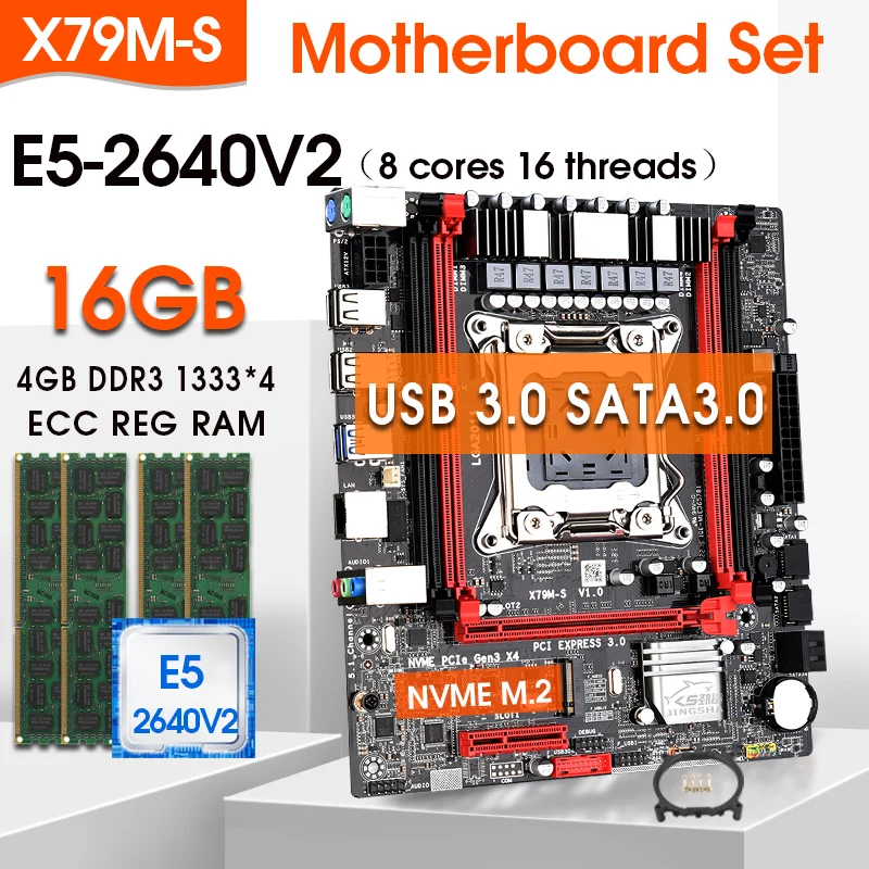 JINGSHA-placa base X79 LGA2011 E5 2640 V2 CPU, 4 Uds. x 4GB = 16GB DDR3 1333Mhz 10600 ECC REG, conjunto de memoria, combos de M-ATX M.2 SSD
