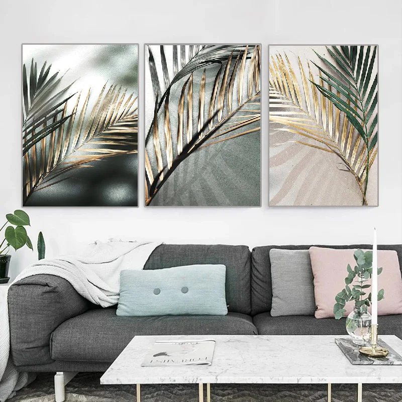 

5D Diy Round/Square Diamond Painting Golden Palm Leaf Plant 3 Pieces Diamond Mosaic Embroidery Triptych painting