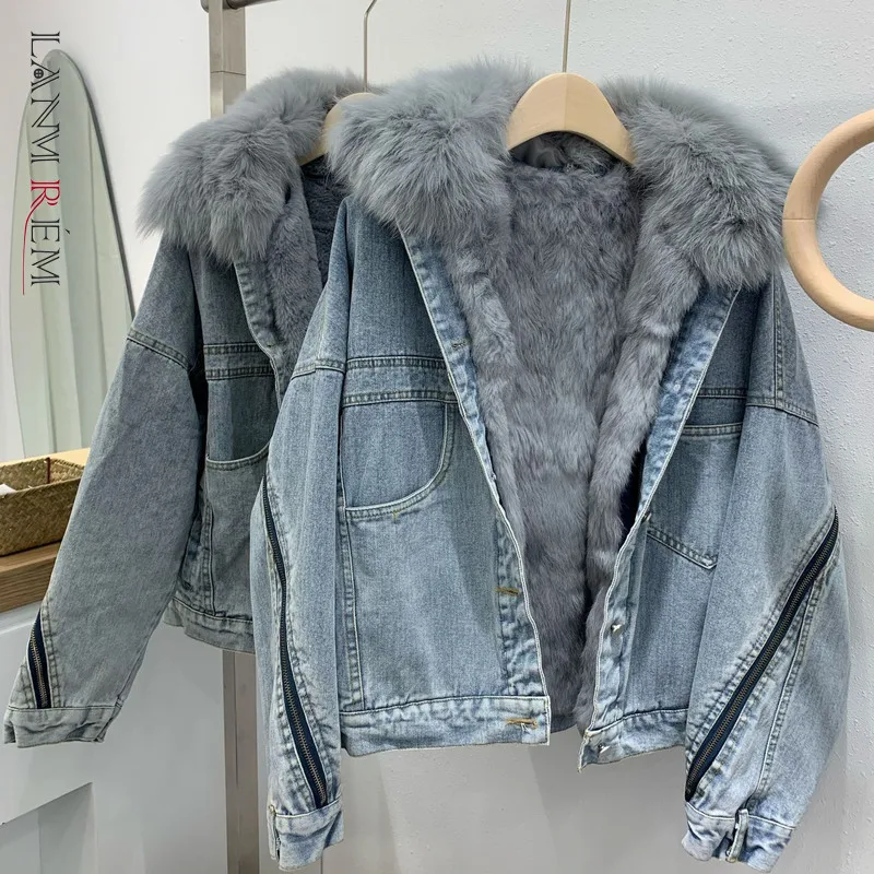 LANMREM зимняя новая джинсовая куртка со съемным лисьим мехом с кроличьим подкладом