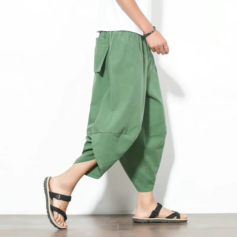 

Japanese Summer Linen Cropped Trousers Men's Solid Color Casual Loose Large Size Harem Pants 3/4 Pants Men's Trousers
