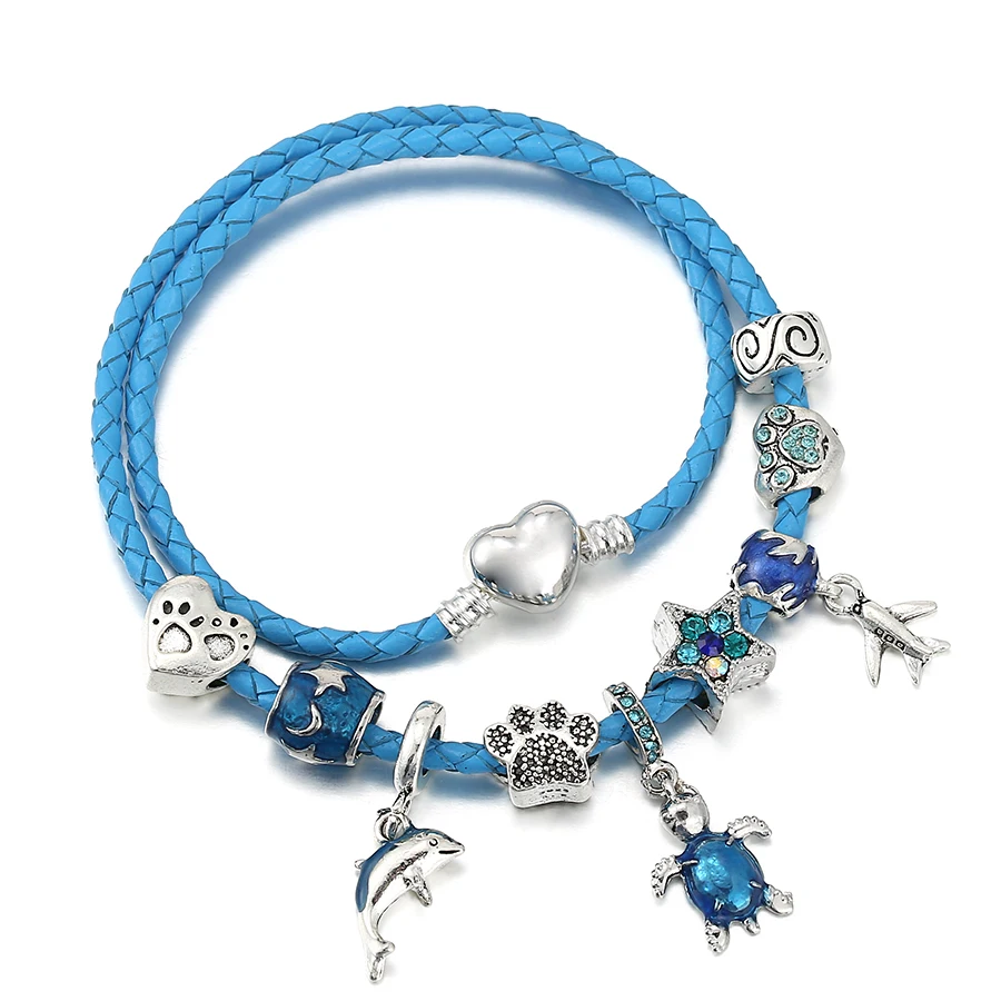 

New Bohemia Ocean Style Leather Bracelets For Women Men Star Footprint Heart Beads Dolphin Pendant Airplane Charm Bracelet Gifts