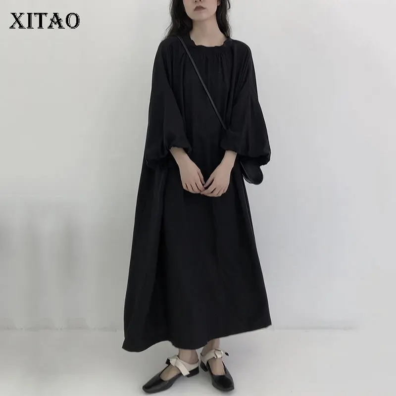 

XITAO Solid Black Dress Summer New Loose Casual Fashion Simplicity Folds Splicing O-neck Collar Large Size Women CLL1419