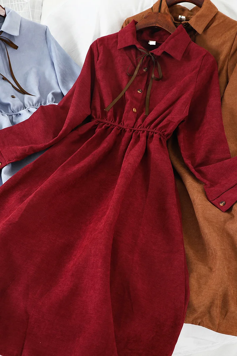 

M376 Korean student age reduction skirt 2019 winter new polo collar waist slim mid length dress