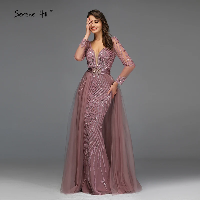 Blue Dubai Luxury Sequined Sparkle Evening Dresses Long Sleeve Beading Evening Gowns Serene Hill Plus Size LA60858