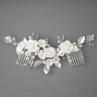 silver color bridal comb hair crown white porcelain flower wedding headpiece pearls jewelry hand wired women hair ornament