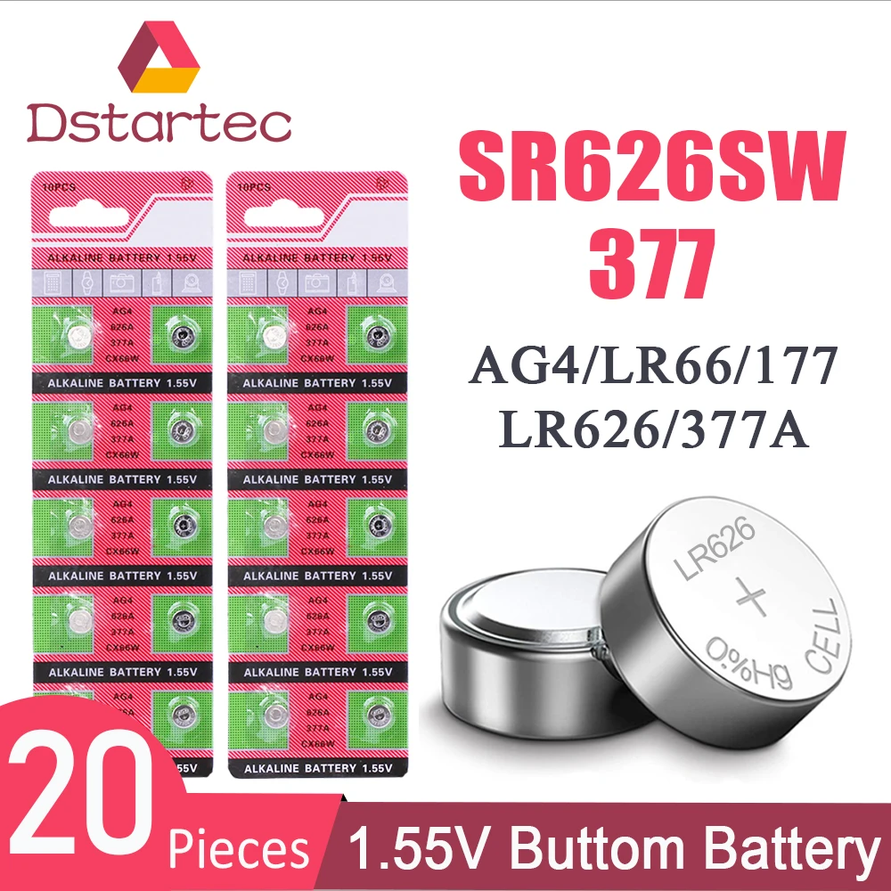 2020 Новый 20 шт. (2 упаковки) 30 мАч AG4 377 батареи SR626SW SR626 177 376 626A LR66 LR626 SR66 часовая