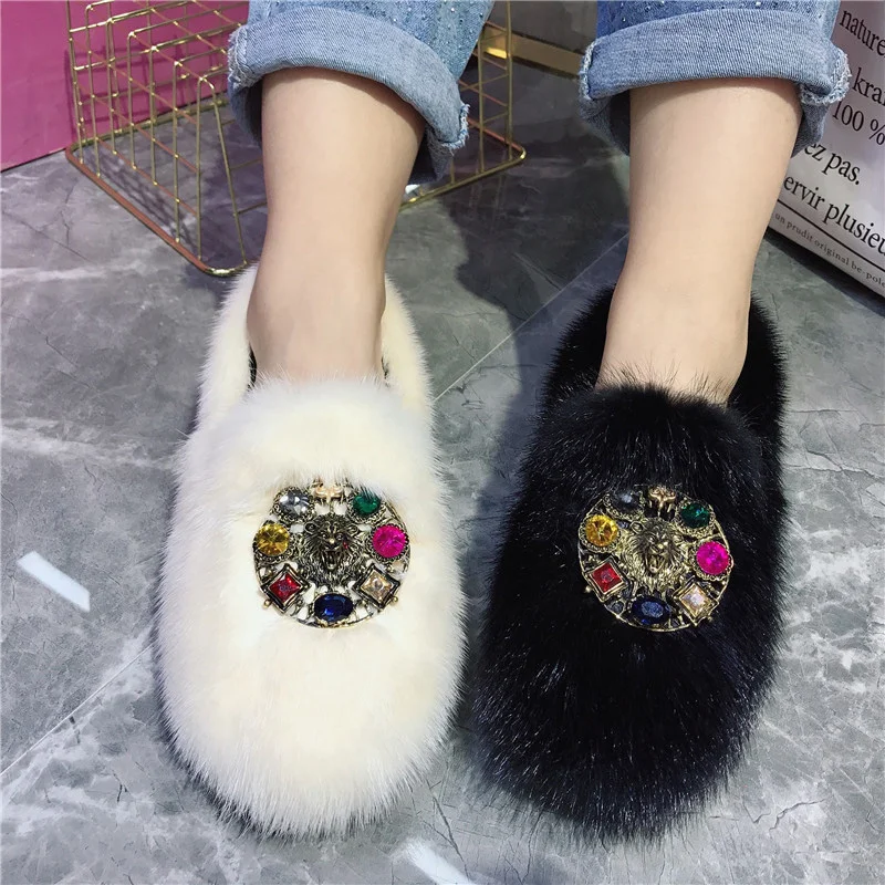 

2021 European Fashion Winter Wonen's Fur Flat Shoes 100% Mink Fur Fluffy Fluffy Shoes Cute Warm Fur Edamame Shoes