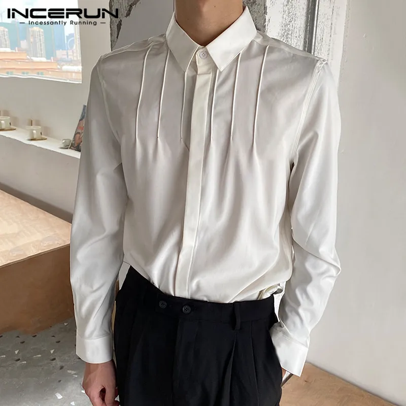 

INCERUN Fashion Solid Color Long Sleeve Shirts Men Fitness Turn Down Collar Blouse Man Casual Hidden Buttons Dress Shirts S-5XL