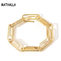 mathalla 10mm mens paper clip bracelet luxury 14k real gold full zircon rectangular link bracelet iced cz chain