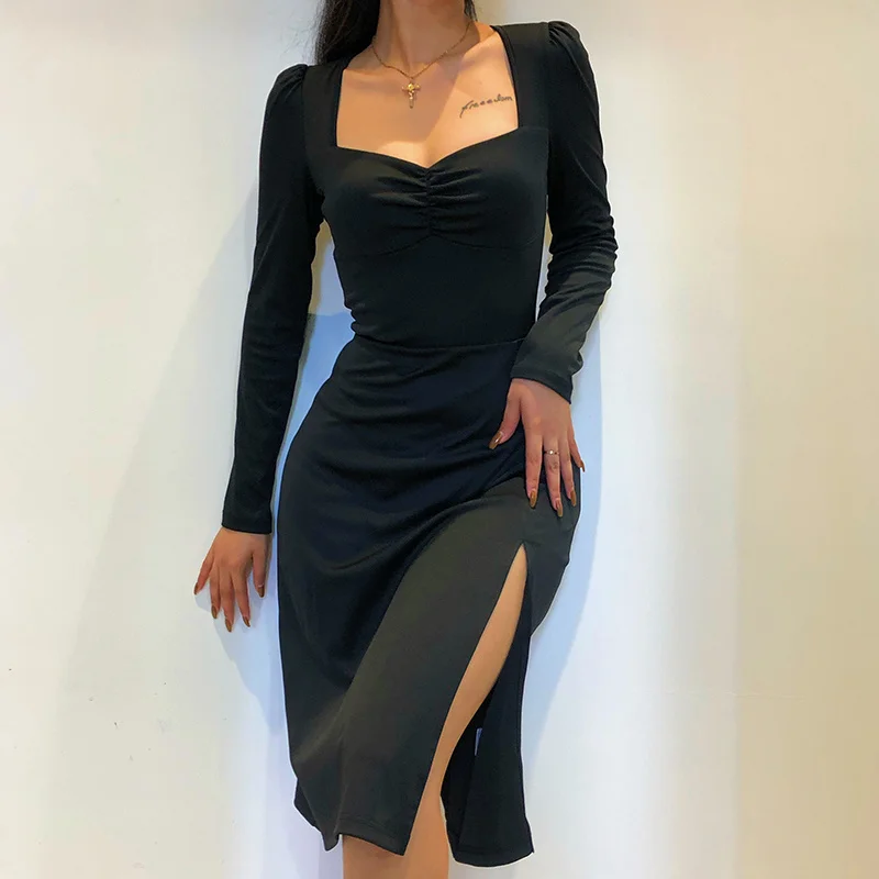 

Женское платье во французском стиле с длинным рукавом и квадратным вырезом, Новинка осени 2021, яркая маленькая черная юбка с разрезом