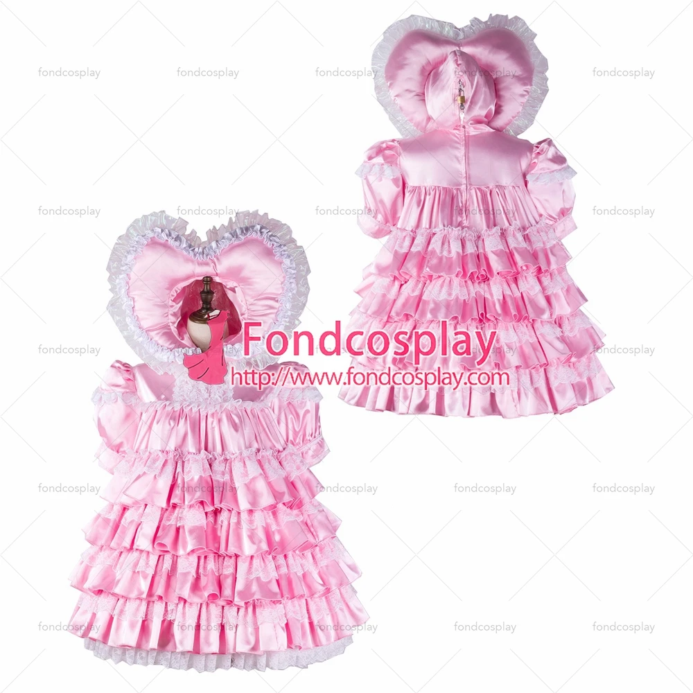 

fondcosplay adult sexy cross dressing sissy maid baby pink Satin Dress lockable heart hood Tailor-made[G2343]