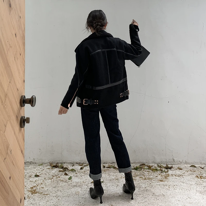 2019 зимняя женская Повседневная Байкерская мотоциклетная куртка черное теплое