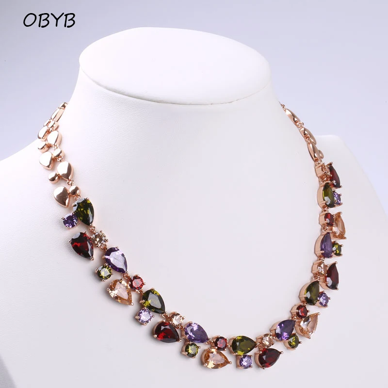 

OBYB High Quality Mona Lisa Wedding Pendant Long Chain with AAA Cubic Zirconia Fashion Collar Statement Women Necklace