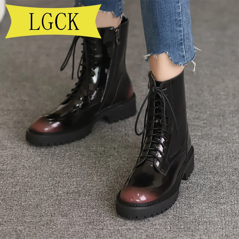 Harga Ukuran 34-40 Kulit Asli Wanita Musim Gugur Boots Wanita Chunky Hak Square Paten But Kulit Baru Kedatangan