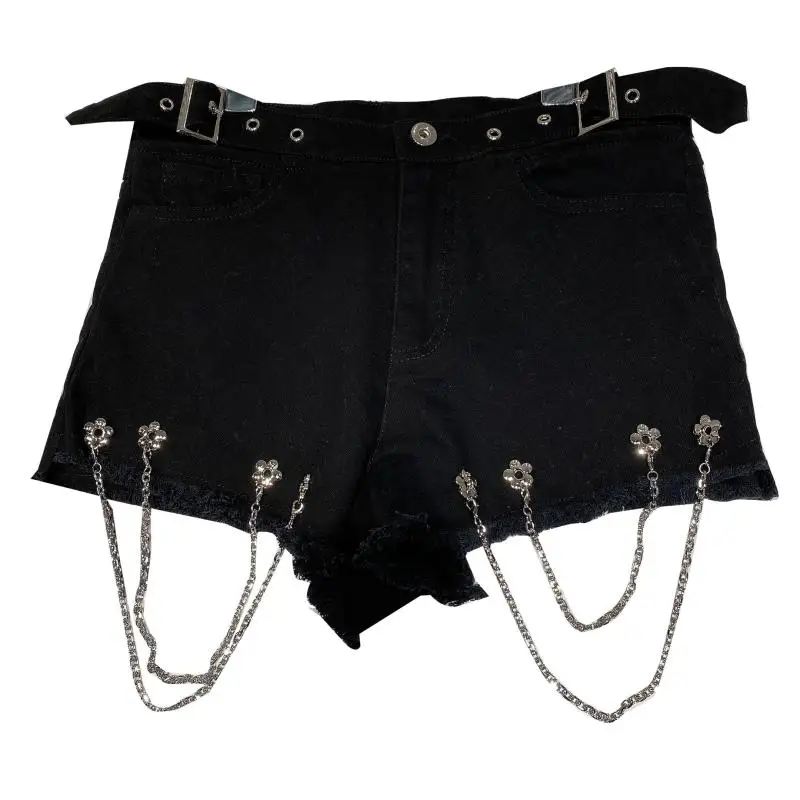 

Chain Design Punk Locomotive Denim Shorts Women 2021 Summer New Heavy Industry Street Rough Denim Ultra Short Pants