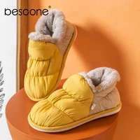 bescone warm womens slippers indoor heel wrap home couple novely color matching waterproof home essential cotton slippers to93