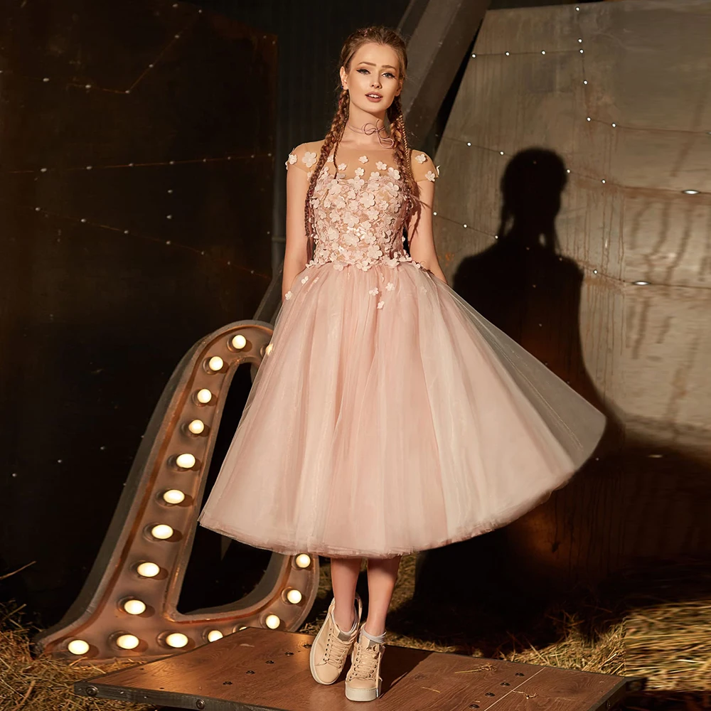 

Короткие тюлевые Бальные вечерние платья длиной ниже колена с коротким рукавом и аппликацией, индивидуальное официальное платье для девуш...