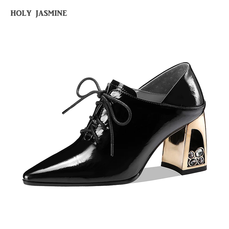 

Spring and Summer 2020 New Ladies Patent Leather Lace-up Metal Diamonds and High Heels Deep Mouth European and American Style