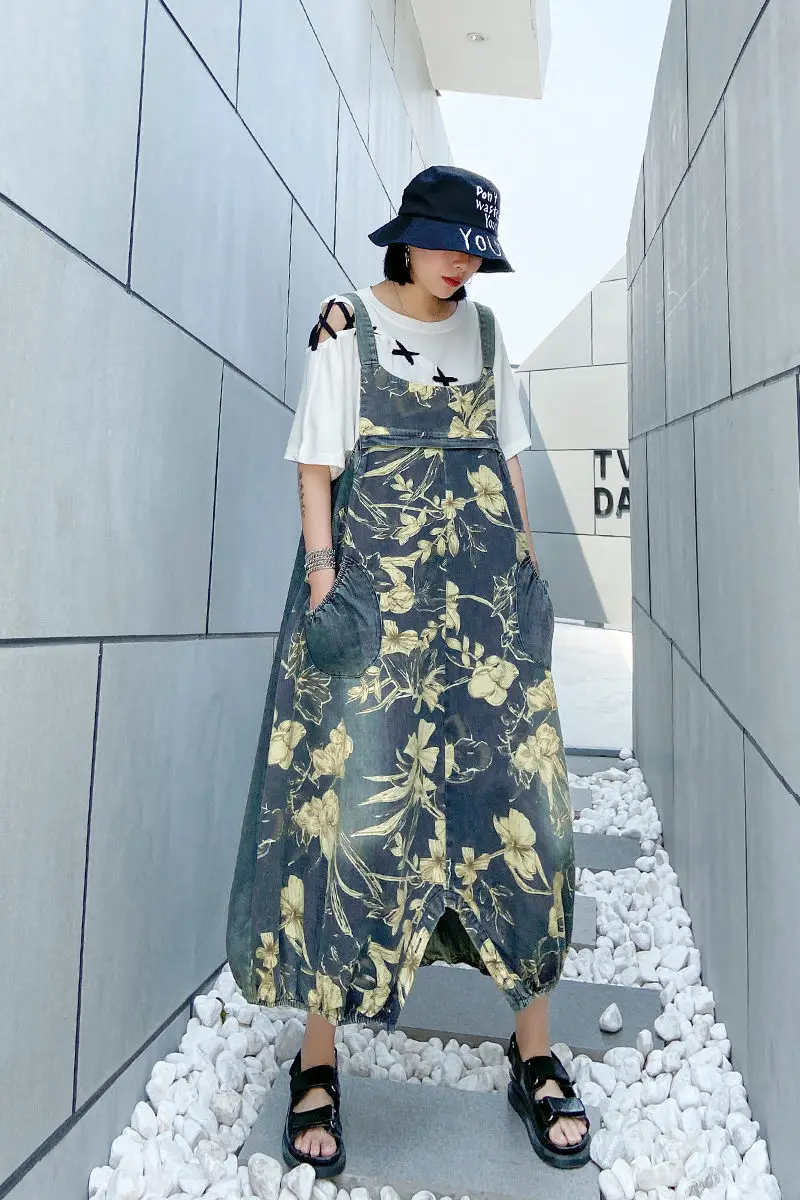 

Two Wear Denim Suspender Robes & Jumpsuit 2020 New Fashion Large Size Mid-length Female Printed Vintage Jeans Overall Pants K776