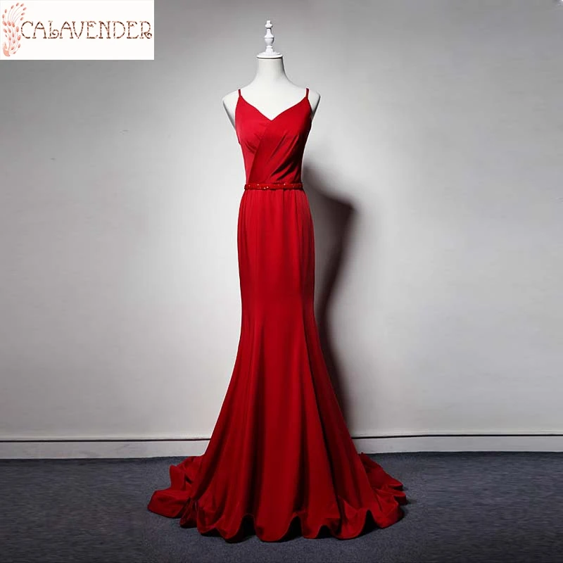 

Красные вечерние платья на бретелях-спагетти, модель 2020 года, атласная юбка-годе, женское платье с перекрестной спинкой