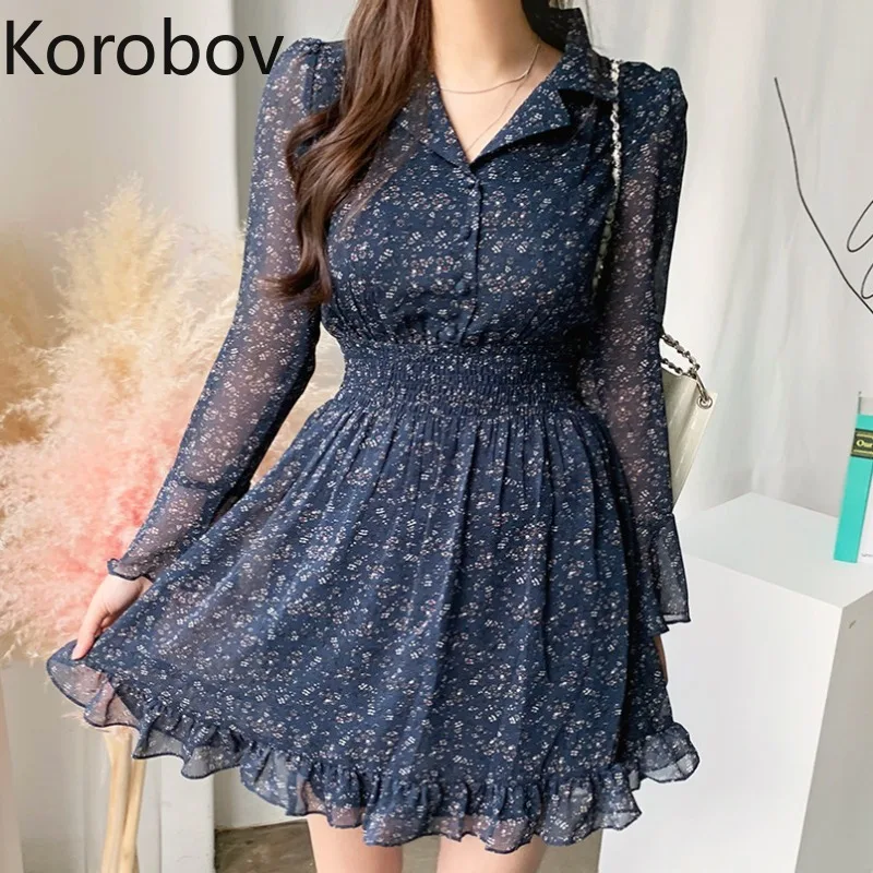 

Korobov 2021 New Print Chiffon Women Dress Korean Office Lady Sweet Dresses Vintage Elegant V Neck Slim Vestidos