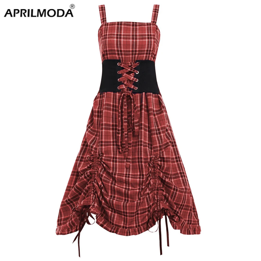 

Drawstring Irregular Hem Gothic Plus Size Dress S-5XL Retro Plaid Striped Streetwear Vintage Lace Up Waist Midi Jurk For Party