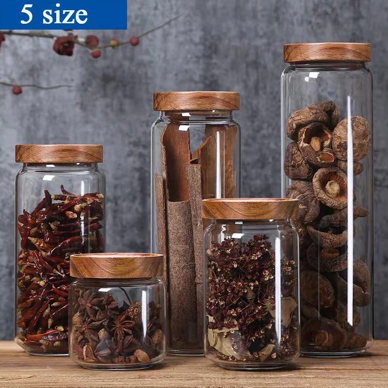 

Food Storage Container Wood Lid Glass Airtight Canister Kitchen Grains Tea Coffee Beans Grains Candy Jar Containers